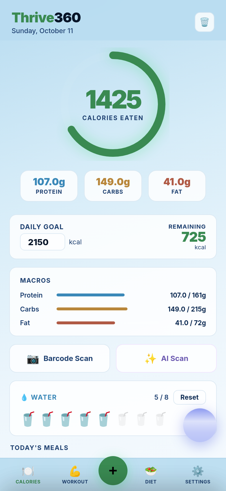 Thrive360 calorie tracker home screen